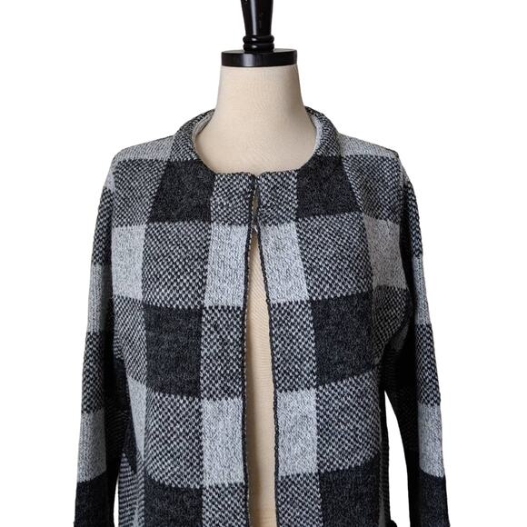 YAIRA Checkered Plaid Long Open Cardigan Jacket Sweater Check Patten Knit Medium - Picture 2 of 8